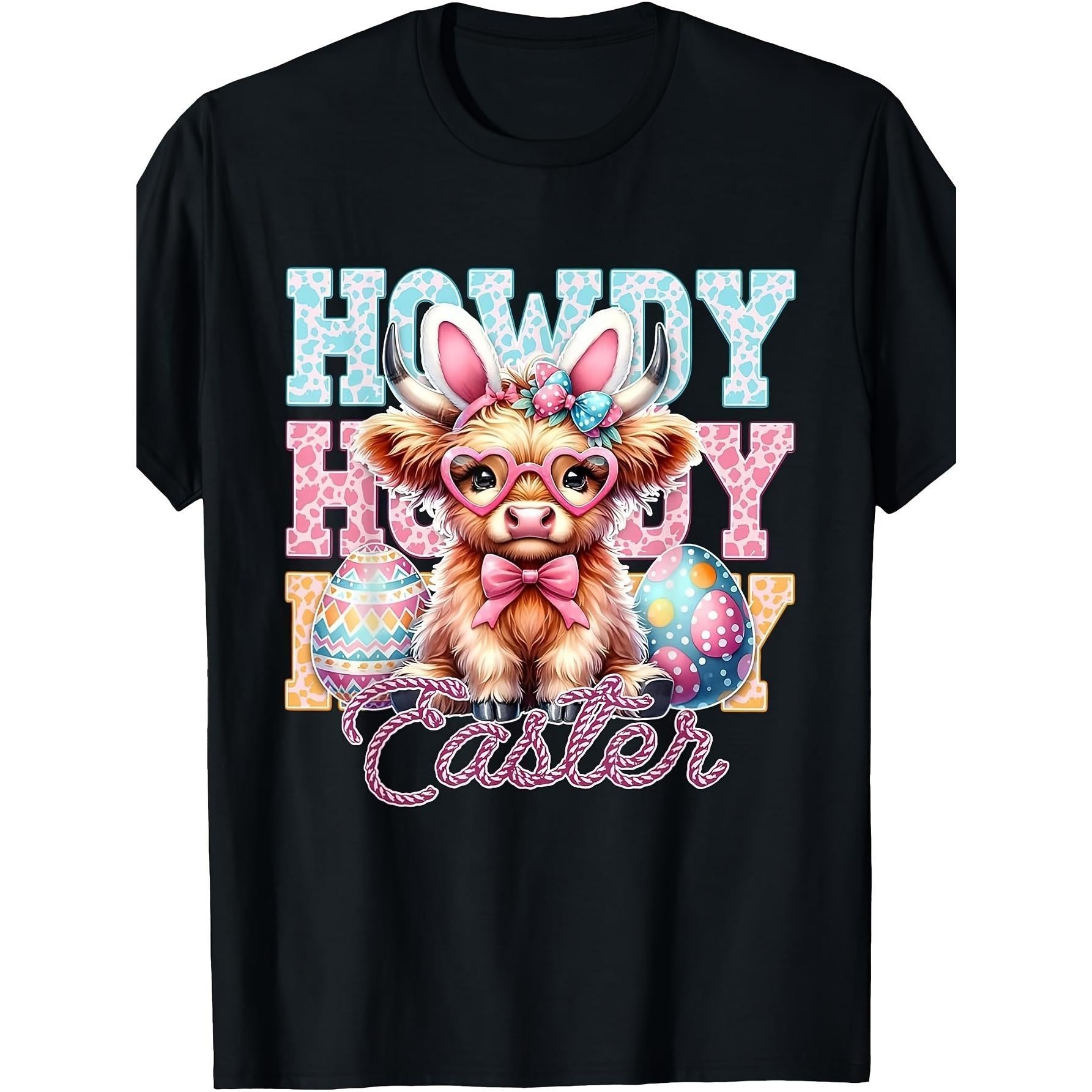 Howdy Easter Highland Cow Western Easter Bunny Ears T-Shirt Relaxed Fit Tees for a Growing Season, Casual Style, SpringSummer, Crew Neck, Regular Sleeve2026 Grandpa Day