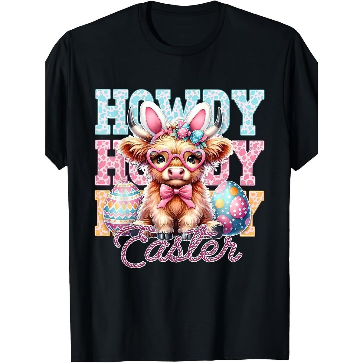 Howdy Easter Highland Cow Western Easter Bunny Ears T-Shirt Relaxed Fit Tees for a Growing Season, Casual Style, SpringSummer, Crew Neck, Regular Sleeve2026 Grandpa Day