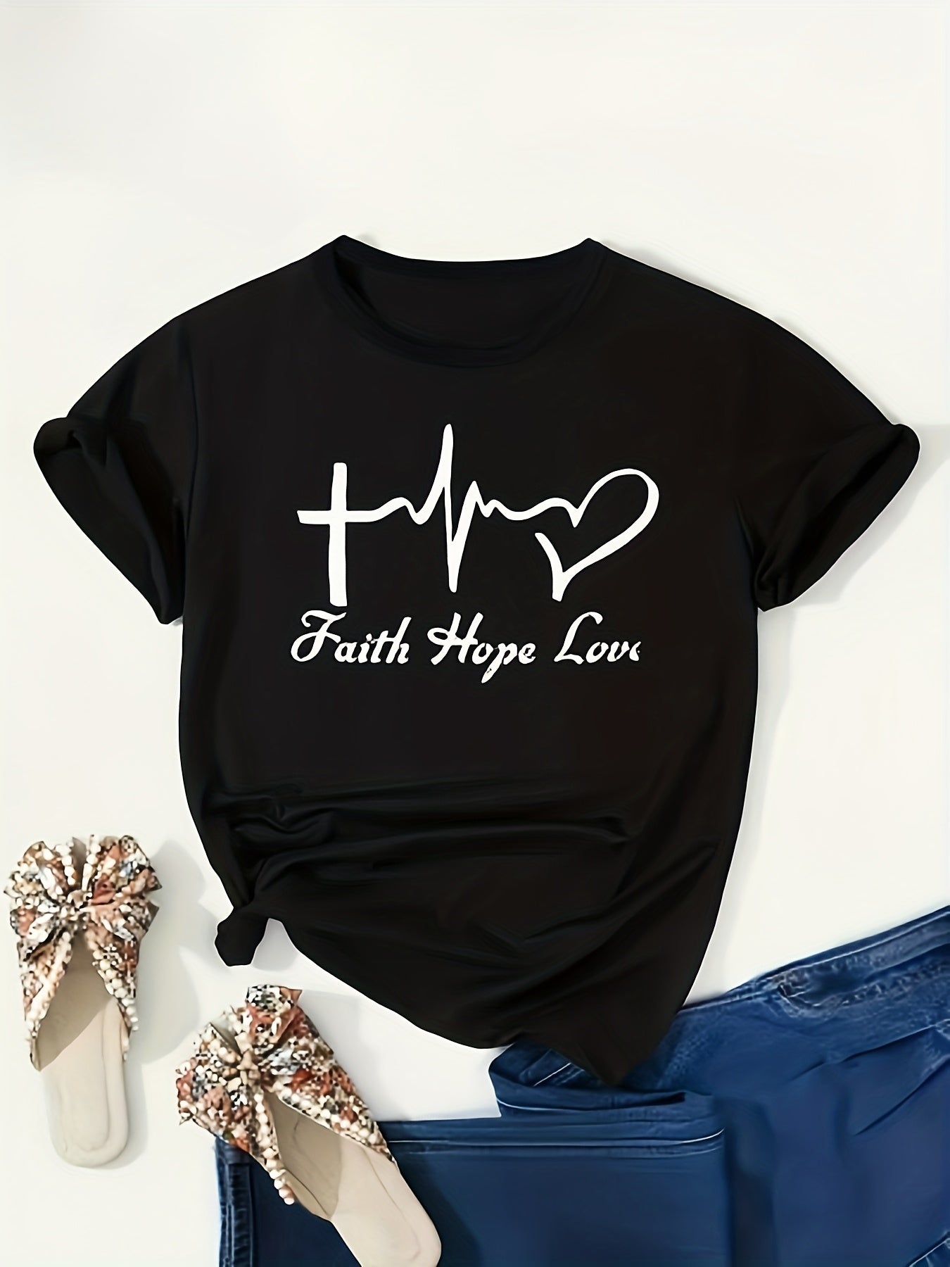 Women's "Faith, Hope, Love" T-Shirt – Christian Casual Short-Sleeve Tee with Cross & Heartbeat Design