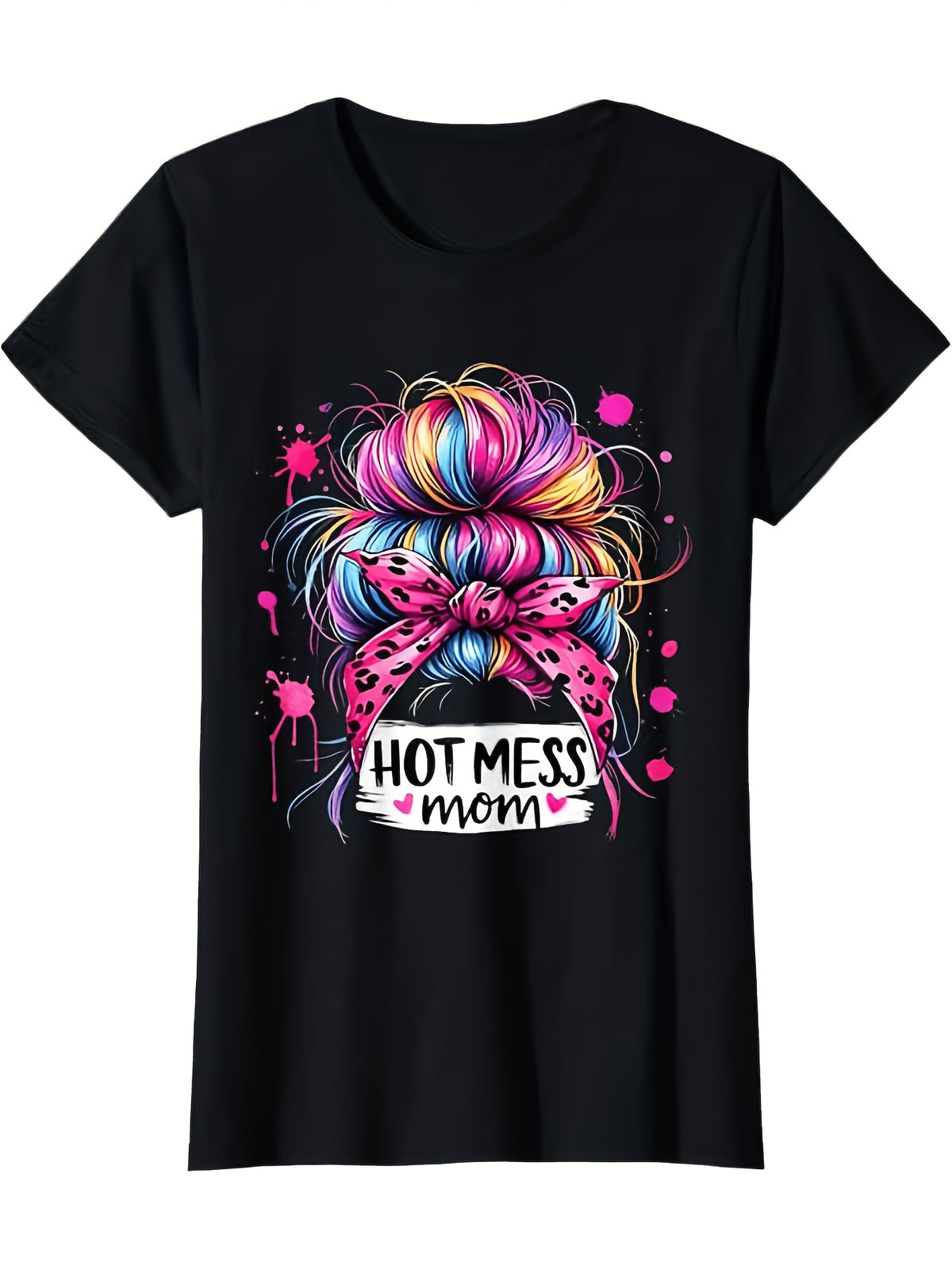 Hot Mess Mom Messy Bun Graphic T‑Shirt Women Colorful Leopard Bow Casual Short Sleeve Tee