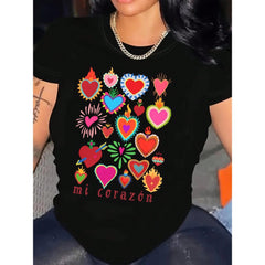 Ladies' Casual Short Sleeved Round Neck T-Shirt, Vividly Printed With Our Ladies' Guadalupe And Spanish Sacred Heart Patterns, Lightweight, Black, With Colorful Heart And Flame Design, Perfect For Spring And Summer, Ladies' T-Shirt