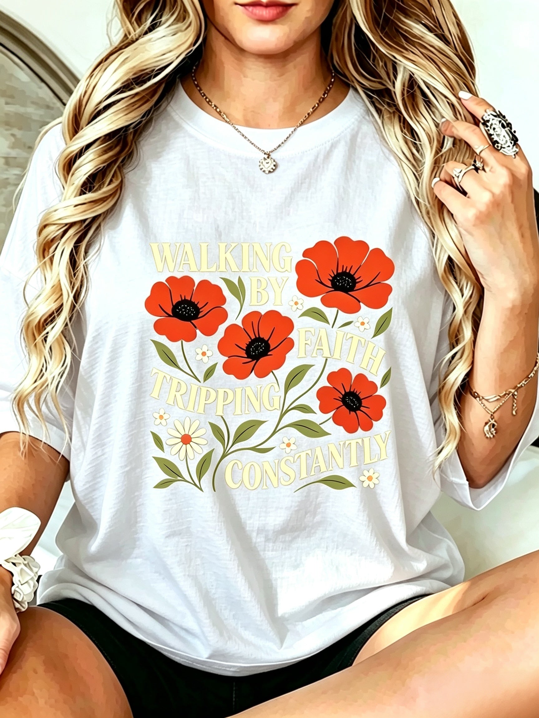 Women's Walking By Faith T-Shirt Chinese Print Round Neck Short Sleeve Top, Breathable Machine Washable Casual Blouse Tee Suitable For Summer