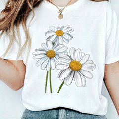 Women's Watercolor Daisy Floral Wildflower Short Sleeve Casual Tee