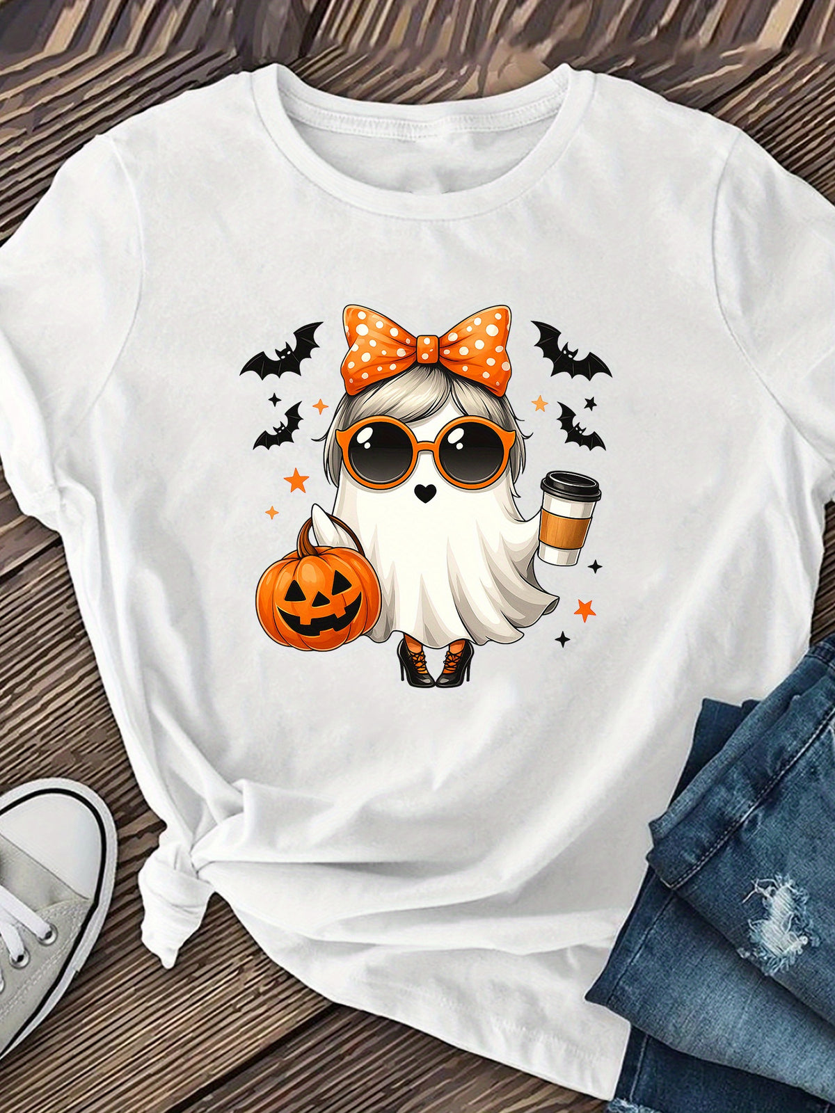 Women's Halloween T-Shirt - Cute with Pumpkin Latte Cup Graphic