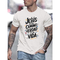 Men's "Jesús es el Camino y la Vida" Spanish Quote T-Shirt | Inspirational Christian Graphic Tee, White Summer Casual Top