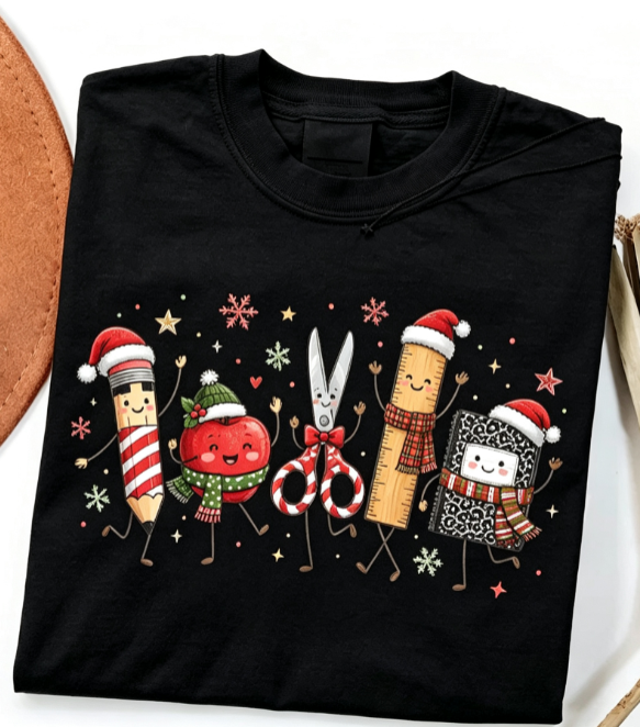 Women’s Cute Christmas Teacher Graphic T‑Shirt, Festive Classroom Holiday Crew Neck Short‑Sleeve Casual Tee with School Character Print