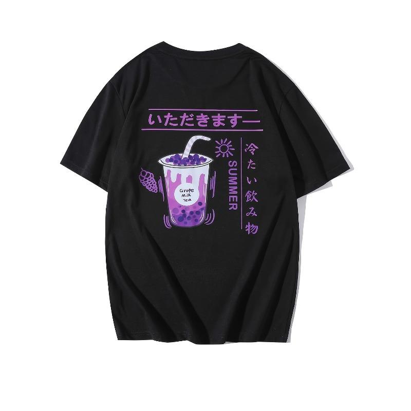 Men's Cold Drink Pattern Japanese Style Grape Boba Tea T-Shirt, Summer Bubble Tea Graphic Tee