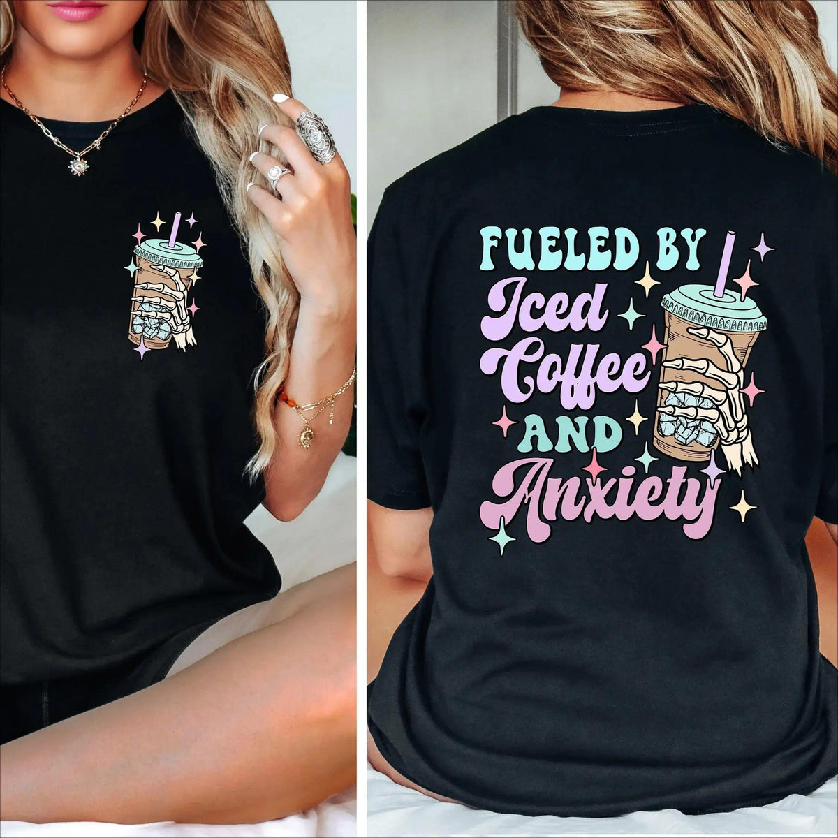 Fueled by Iced Coffee and Anxiety Shirt, Skull T-shirt, Skellington Coffee, Mental Health , Gift for Mama, Coffee Lover