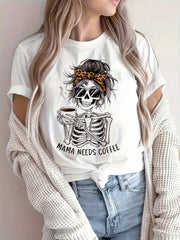 Women's Halloween Crewneck T-Shirt with Skull Print – Short-Sleeve Holiday Outfit