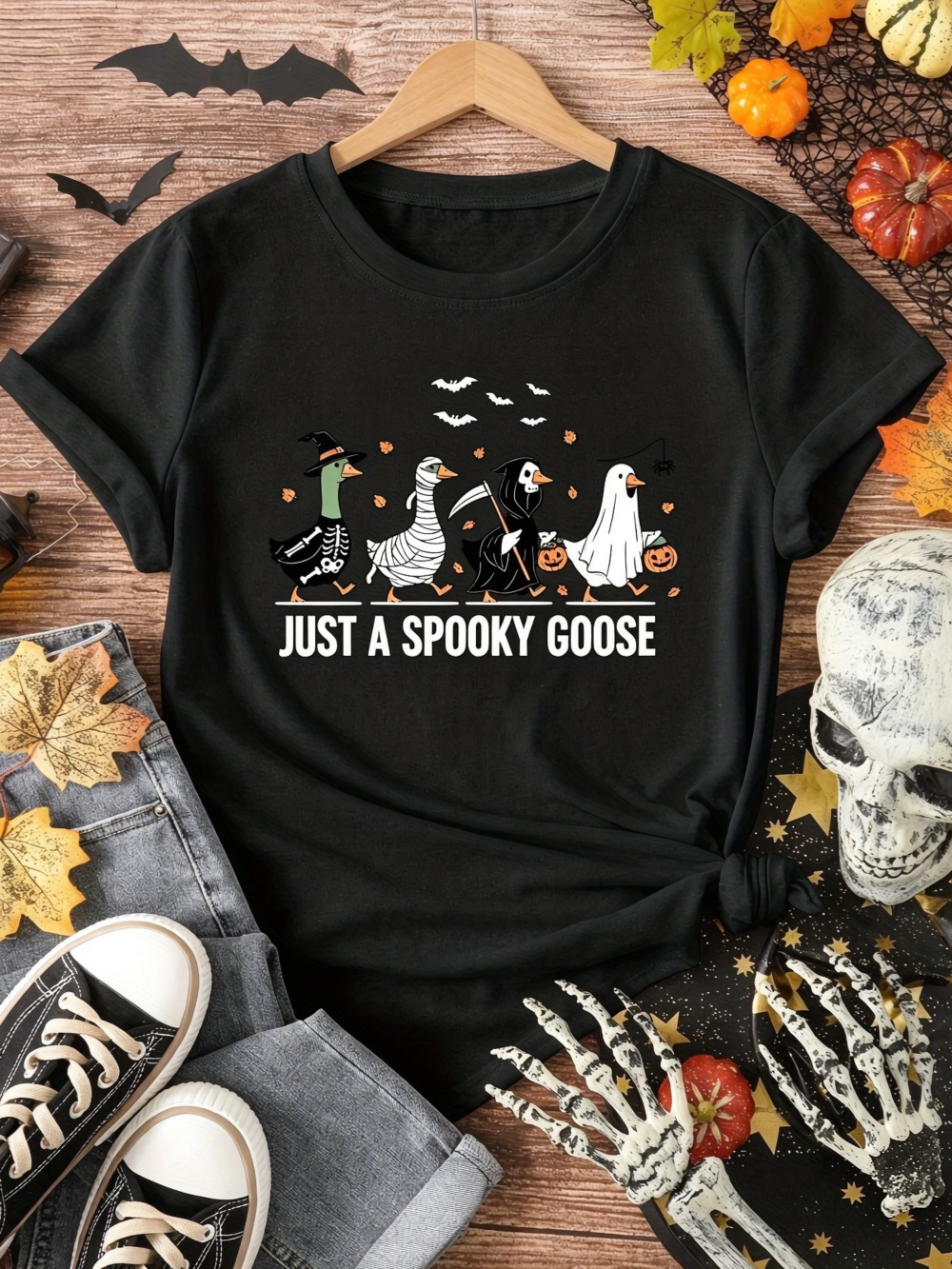 Women's Crew Neck Graphic T-Shirt, Just A Spooky Goose Halloween Funny Goose Short Sleeve Casual Tee