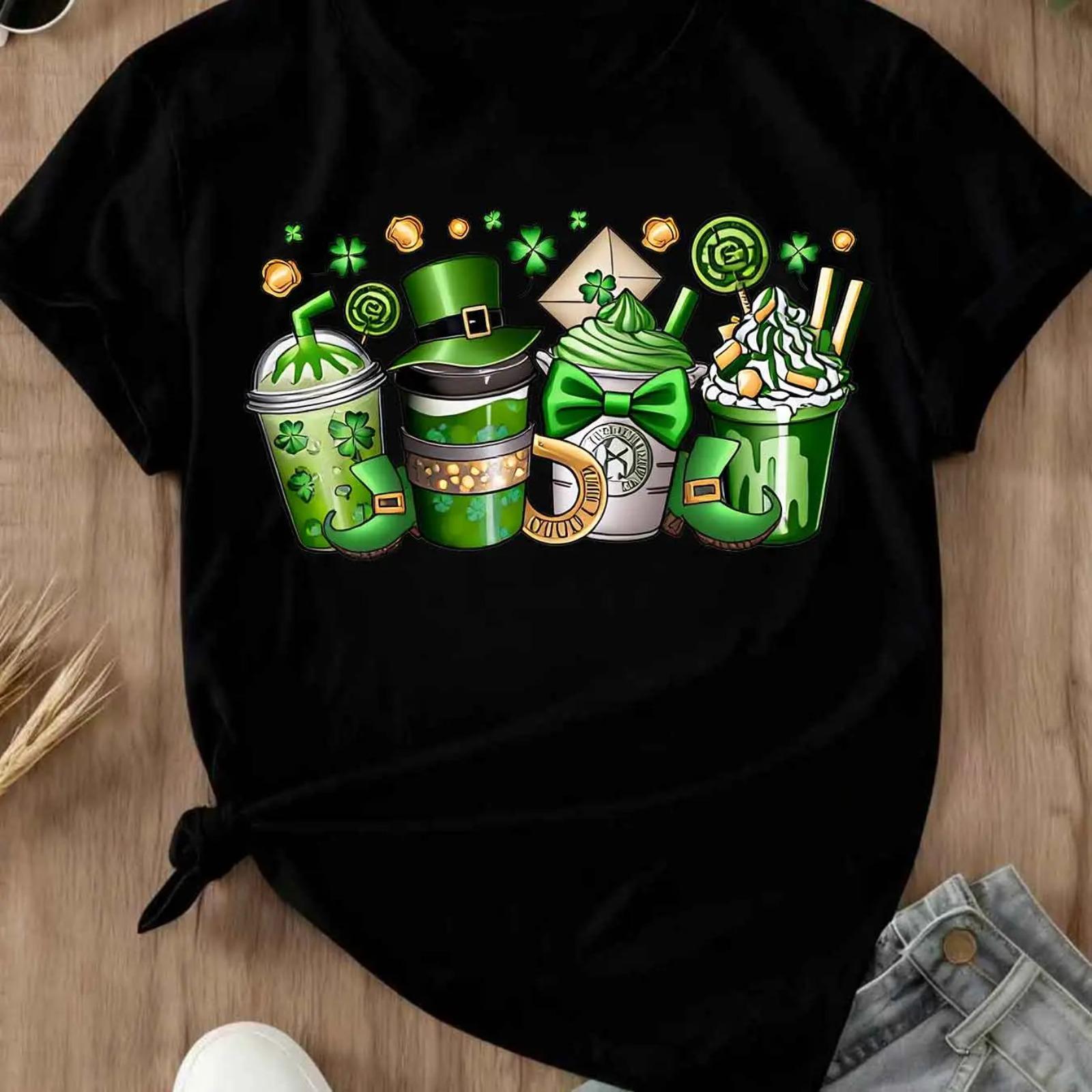 Women Casual T-Shirt White St Patrick Day Coffee Cup And Leprechaun Hat Design For Festival Celebration