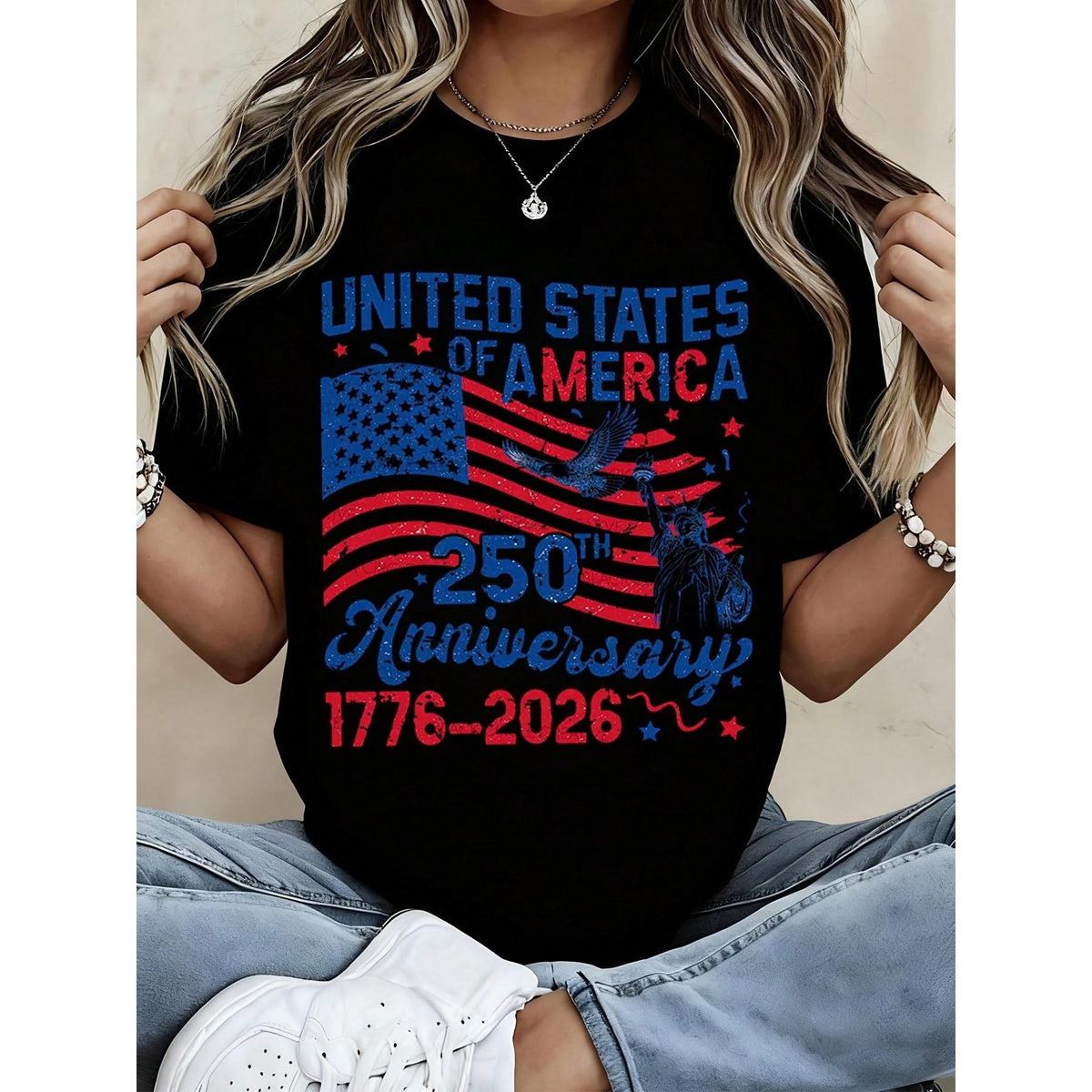 United States Of America 250th Anniversary 1776 2026 Patriotic T-Shirt With American Flag And Statue Of Liberty Design For Independence Day Celebration