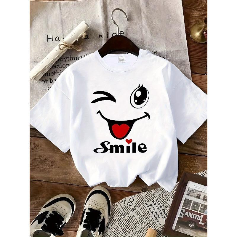 Funny Smiling Face Print Crew Neck T-shirt, Casual Fashion Short Sleeve T-shirt