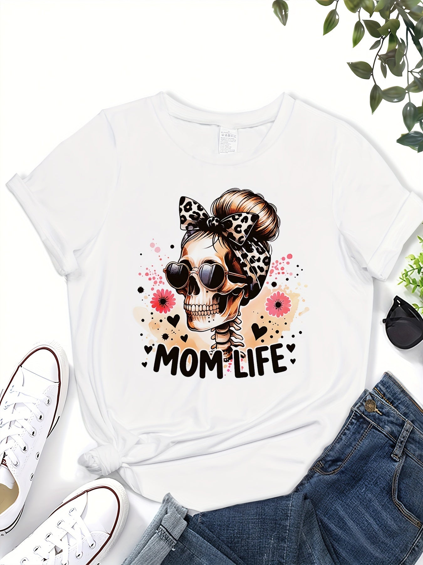 Mom Life Shirt, Leopard Skull Messy Bun Graphic Tee