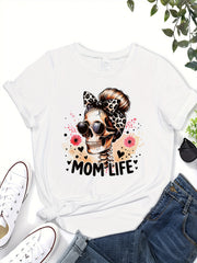 Mom Life Shirt, Leopard Skull Messy Bun Graphic Tee