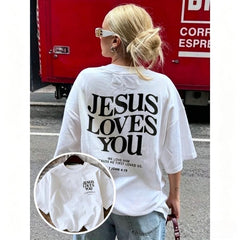 [Summer Casual Tee] New 2026 Spring/Summer Women's Round Neck Letter Print Fashion Summer Short Sleeve Casual "Jesus Loves You" Round Neck Short Sleeve T-Shirt Summer Casual Tee