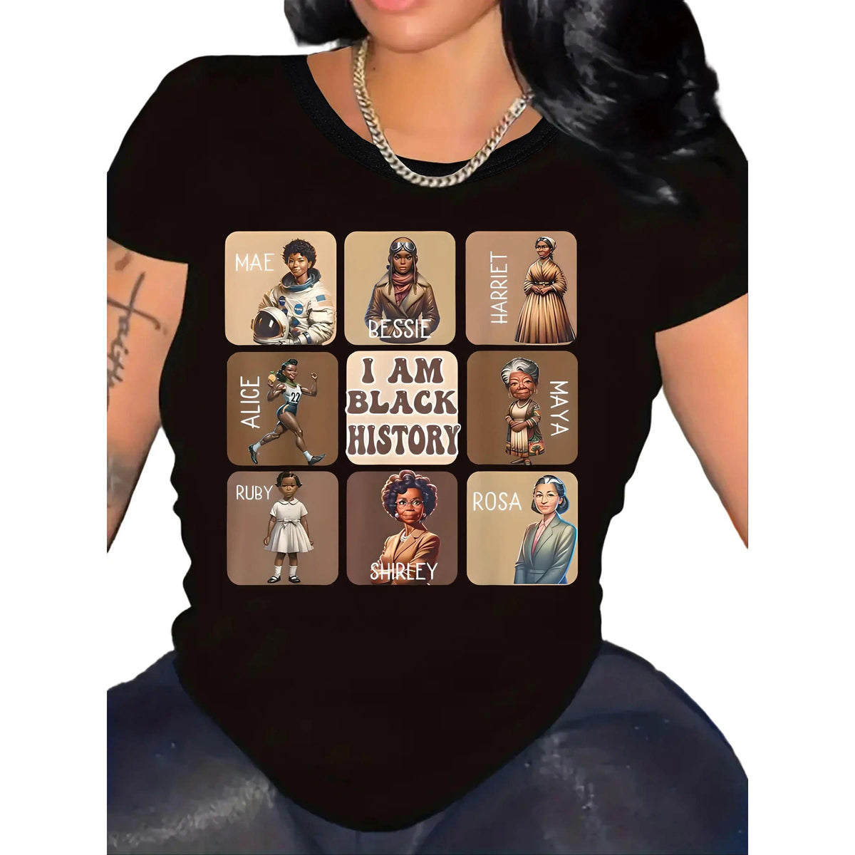 Women's "I AM BLACK HISTORY" Graphic T-Shirt 100% Cotton Short Sleeve Crew Neck Breathable Casual Stylish Top with Historical Figures Slogans Perfect for Spring Summer