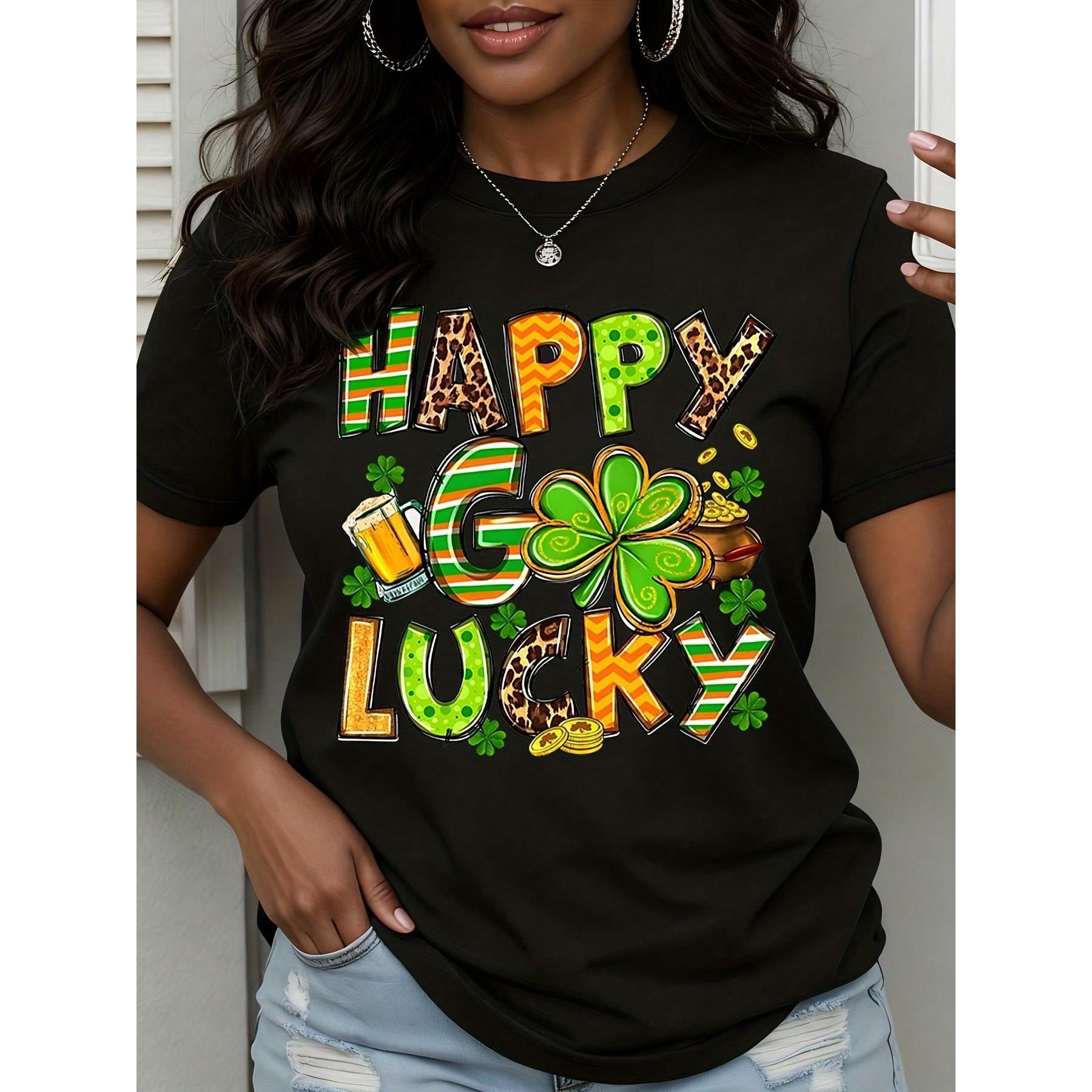 Happy Go Lucky St Patrick's Day Shirt Women's Festive T-Shirt With Clover Beer And Gold Design For Saint Patrick's Day Celebration