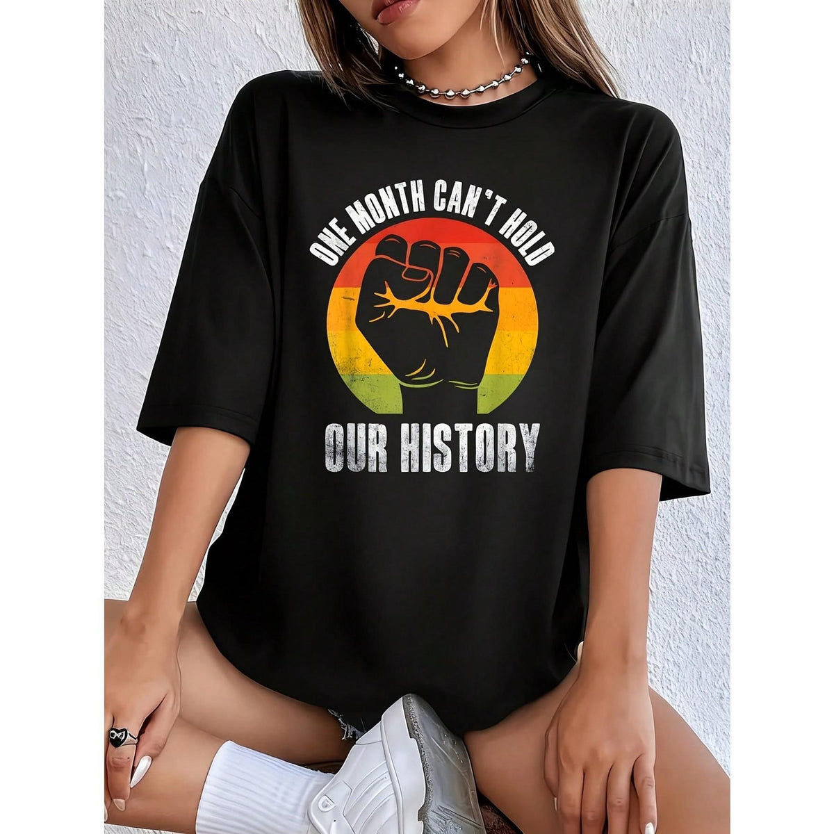 One Month Cannot Cover Up  Our History Black African American BHM Women's Plus Size T-Shirt Novelty Crew Neck Top 100% Polyester Shirt Casual Funny Oversized Graphic Short Sleeve 1 Pcs Tee 220g