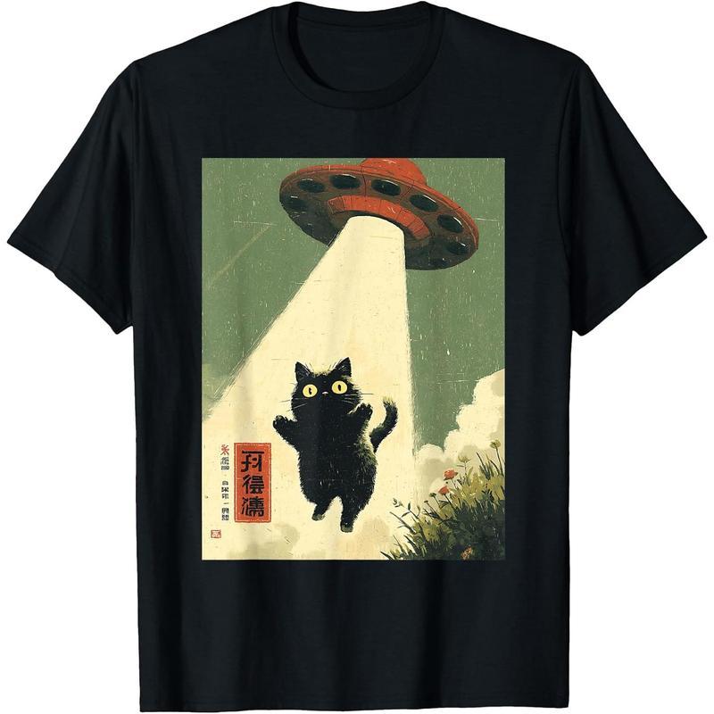 Vintage Japanese UFO Cat T-Shirt | Samurai Cat Abducted by Alien Graphic Tee, Black Short Sleeve Casual Top