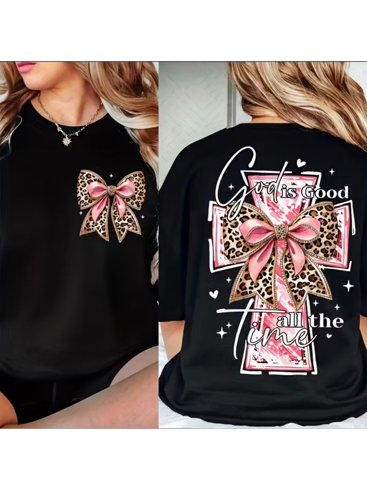 God Is Good All The Time Leopard Bow Cross Graphic T-Shirt, Women's Front and Back Print Christian Faith Short Sleeve Tee