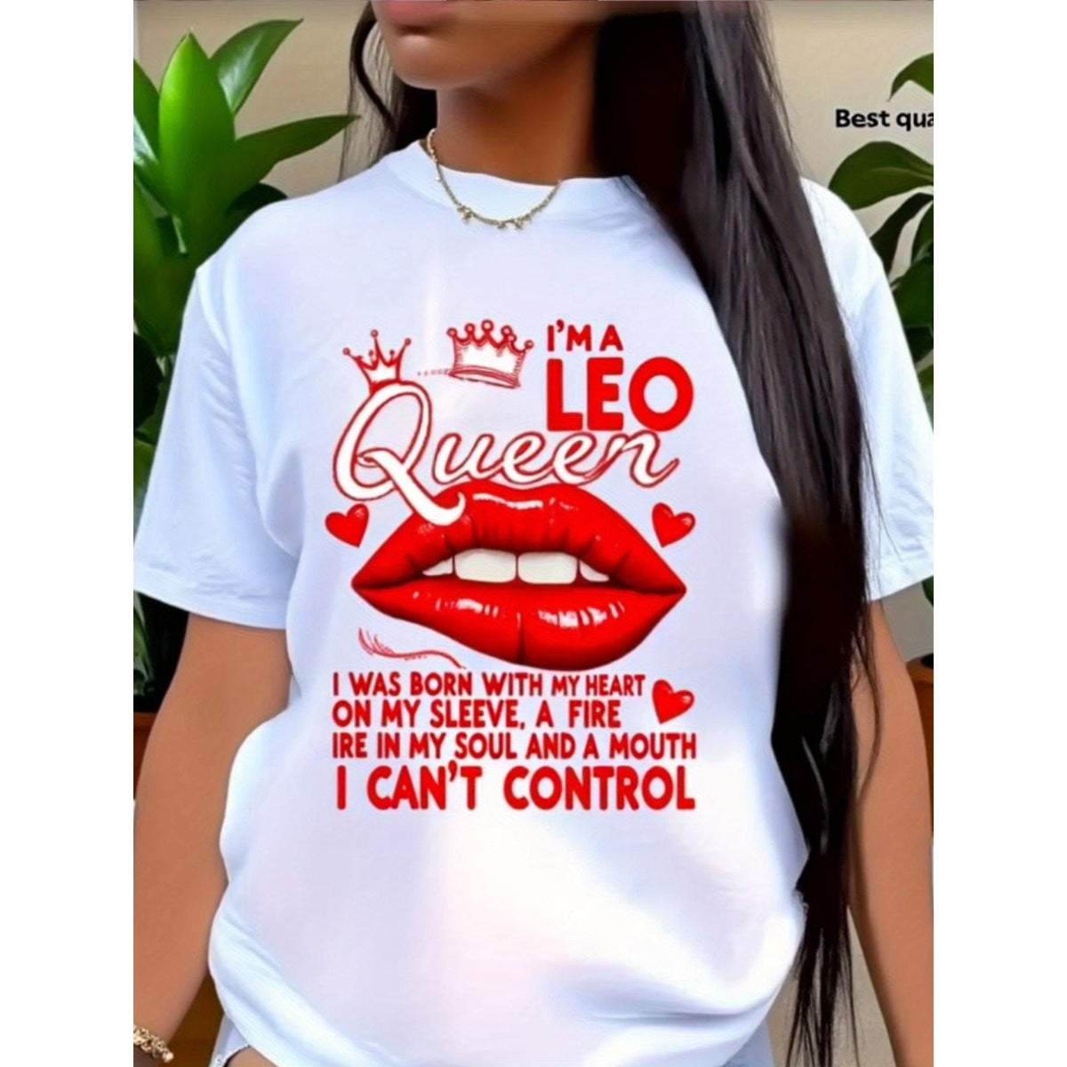 2026 New Women's T-shirts Leo Queen with Red Lips 100% Breathable Summer T-shirt White Round Neck Casual And Simple Machine Washable, Comfortable And Fit Summer Suitable As The Best Mother's Day Gift for Mom Or Wife