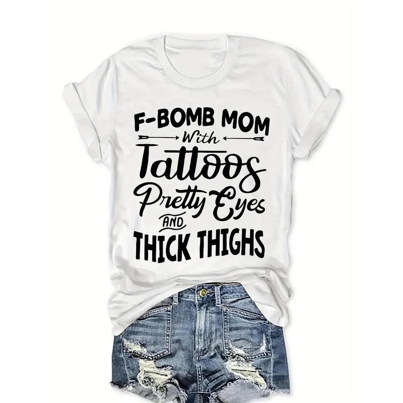 VelvetVixen Women's Lettering Print T-Shirt "F-Bomb Mom" - Casual Crew Neck Short Sleeve Top, Knit Fabric, All Seasons - Black Cotton Womenswear Embroidered Flat