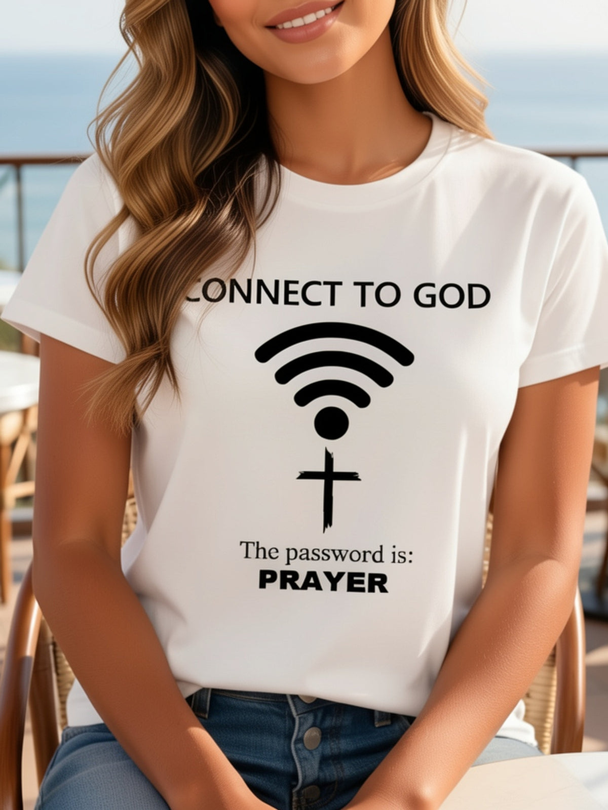 Women's Connect To God Prayer Graphic Crew Neck T‑Shirt, Funny Spiritual WiFi Cross Letter Print, Casual Short‑Sleeve Tee for Church & Faith‑Inspired Daily Wear