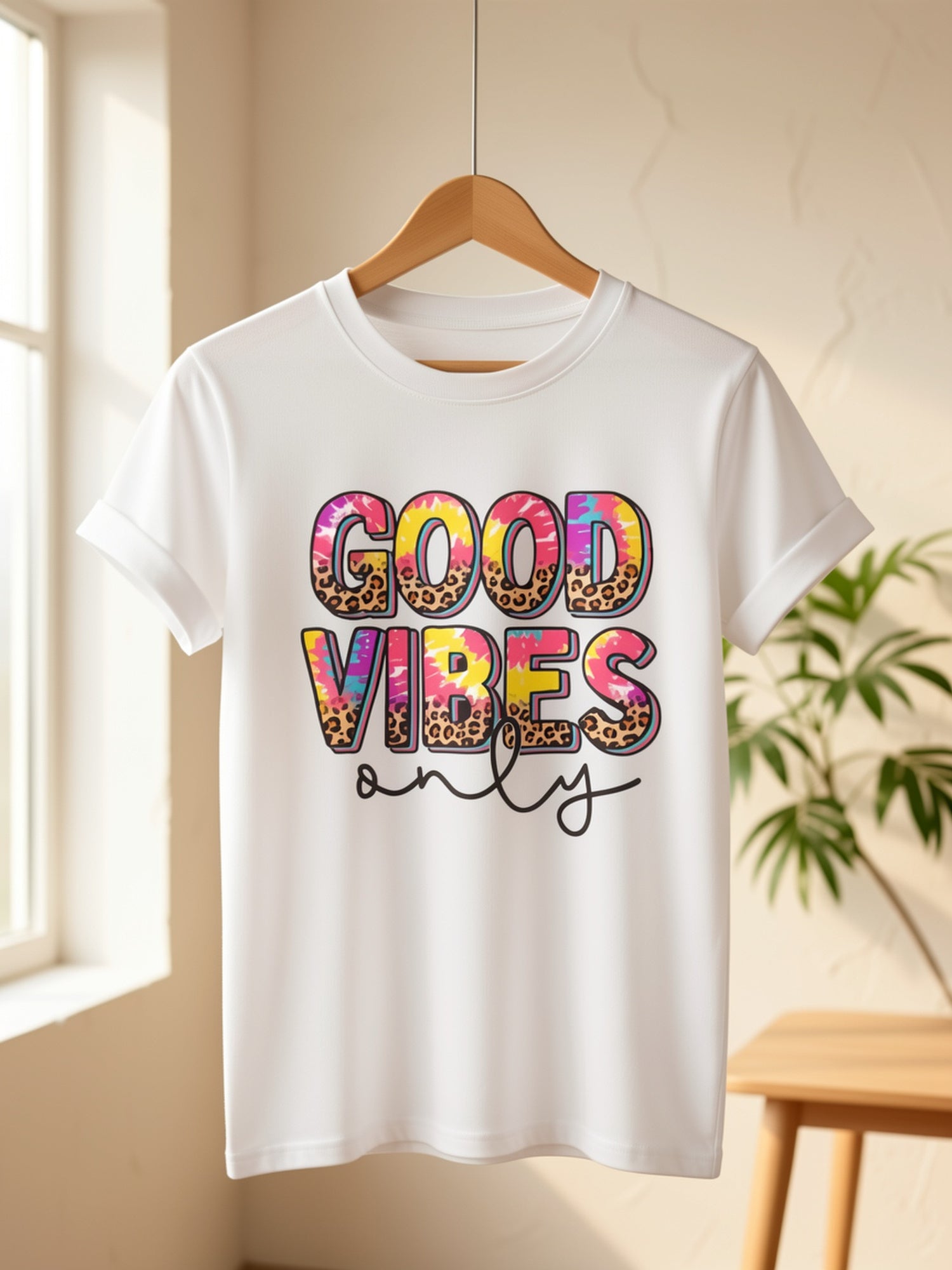 Good Vibes Only Leopard Tie‑Dye Graphic T‑Shirt, Positive Vibe Casual Short Sleeve Tee for Women