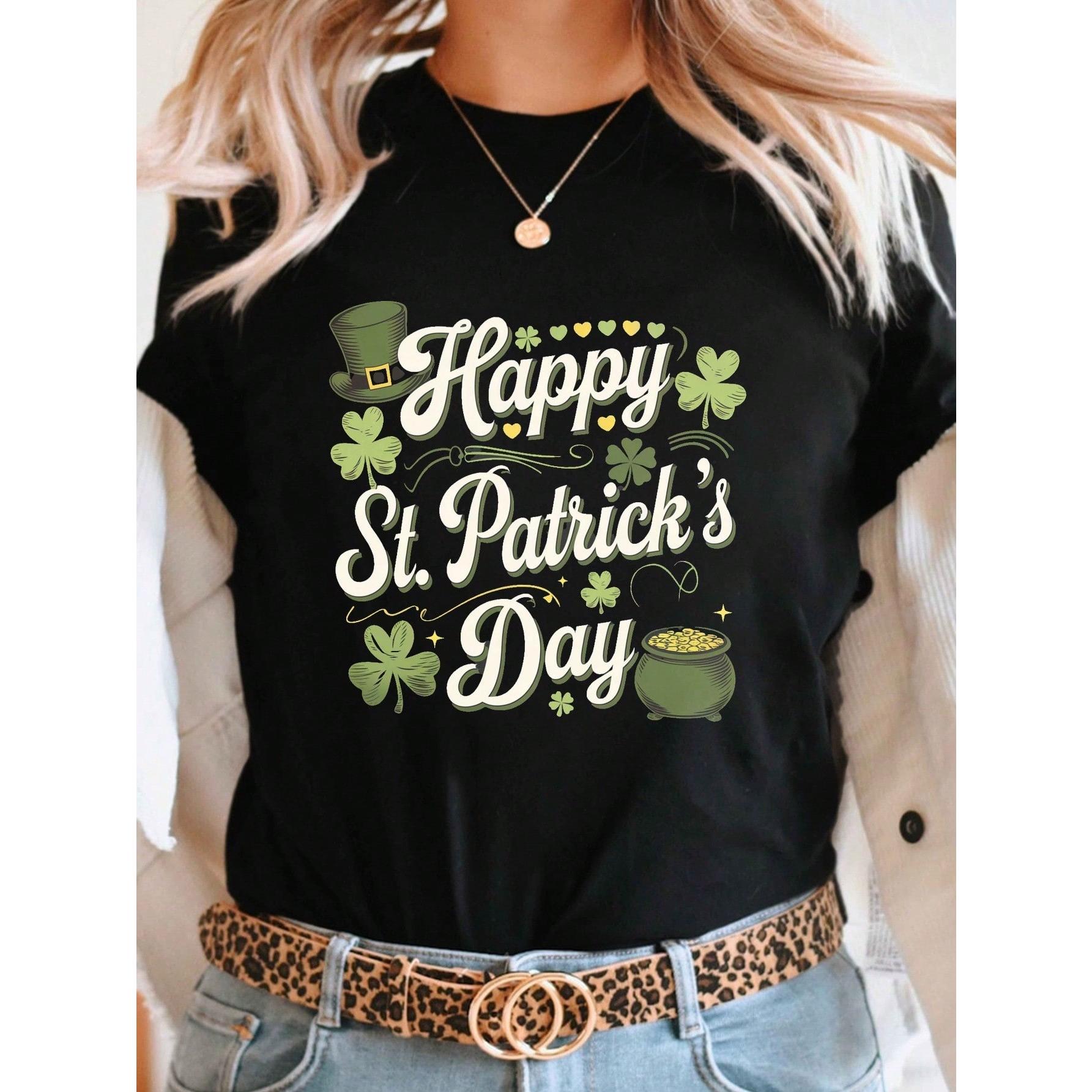 Women‘s St. Patrick’s Day Clover Leprechaun Hat T-Shirt | Bright Green Short Sleeve Casual Top, Soft Stretchy Festive Tee