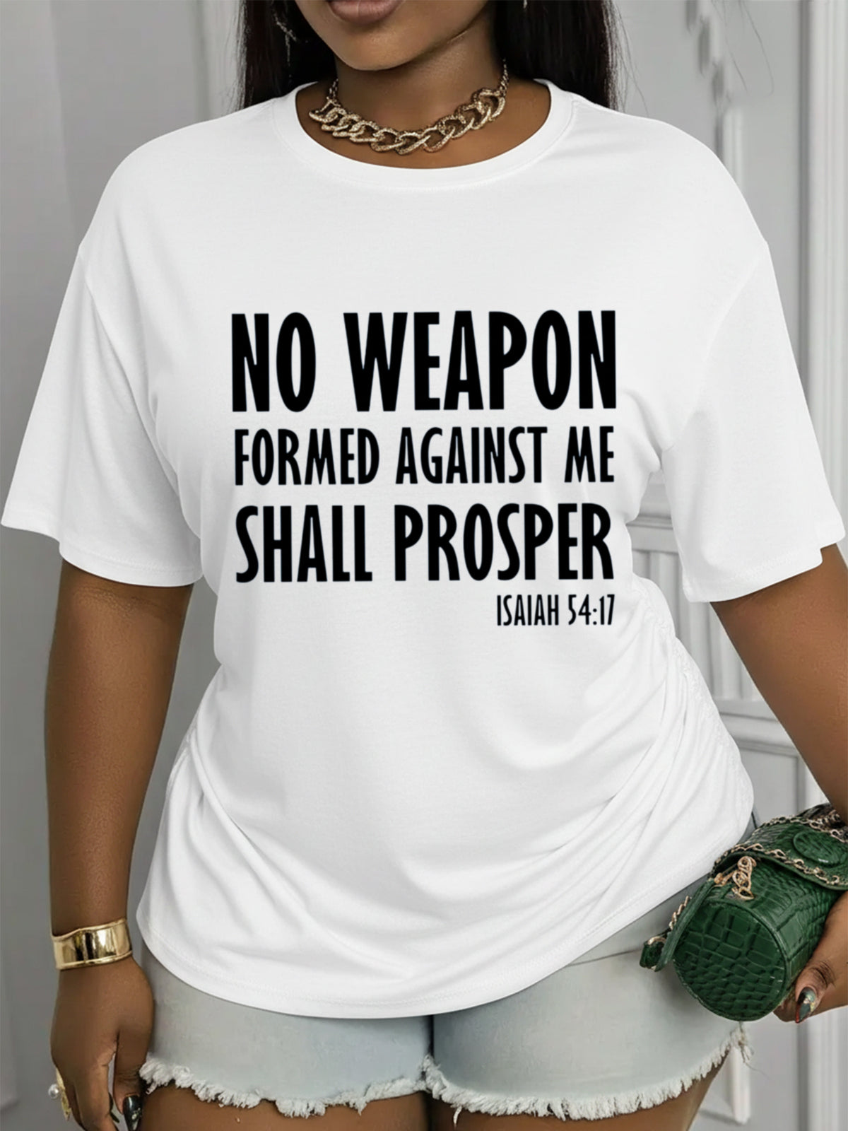 Women's Printed T-Shirt: Featuring The Scripture 'No Weapon Formed Against Me Shall Prosper' (Isaiah 54:17)