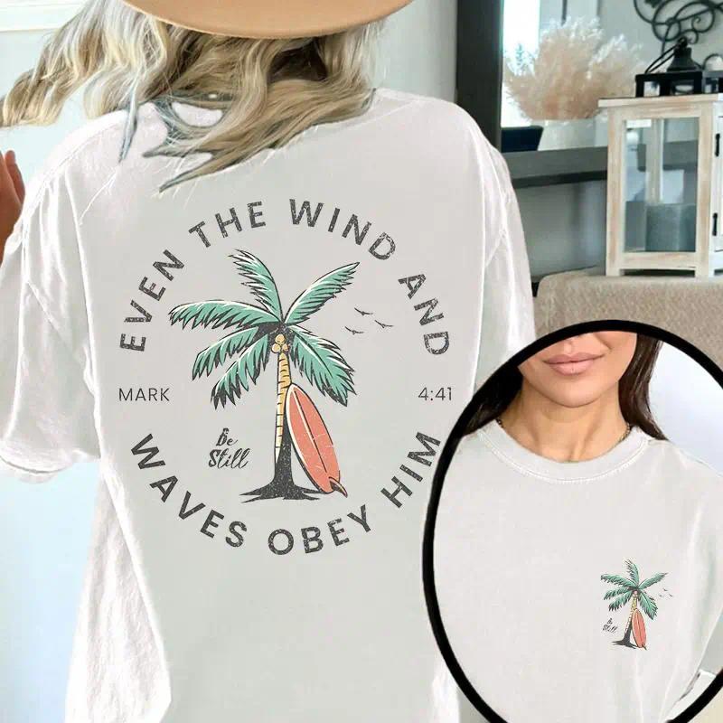 Christian Bible Verse Pattern T Shirt, Beachy Backprint Tops, Trendy Coconut Tree Shirt Unisex Tee Teen Baptism Gift Ocean Inspired Style Womenswear Printed