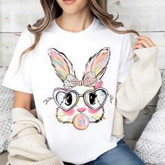 Cute Bunny Rabbit T-Shirt White Colorful Easter Bunny With Heart Glasses And Bubblegum Print For Spring And Holiday Wear