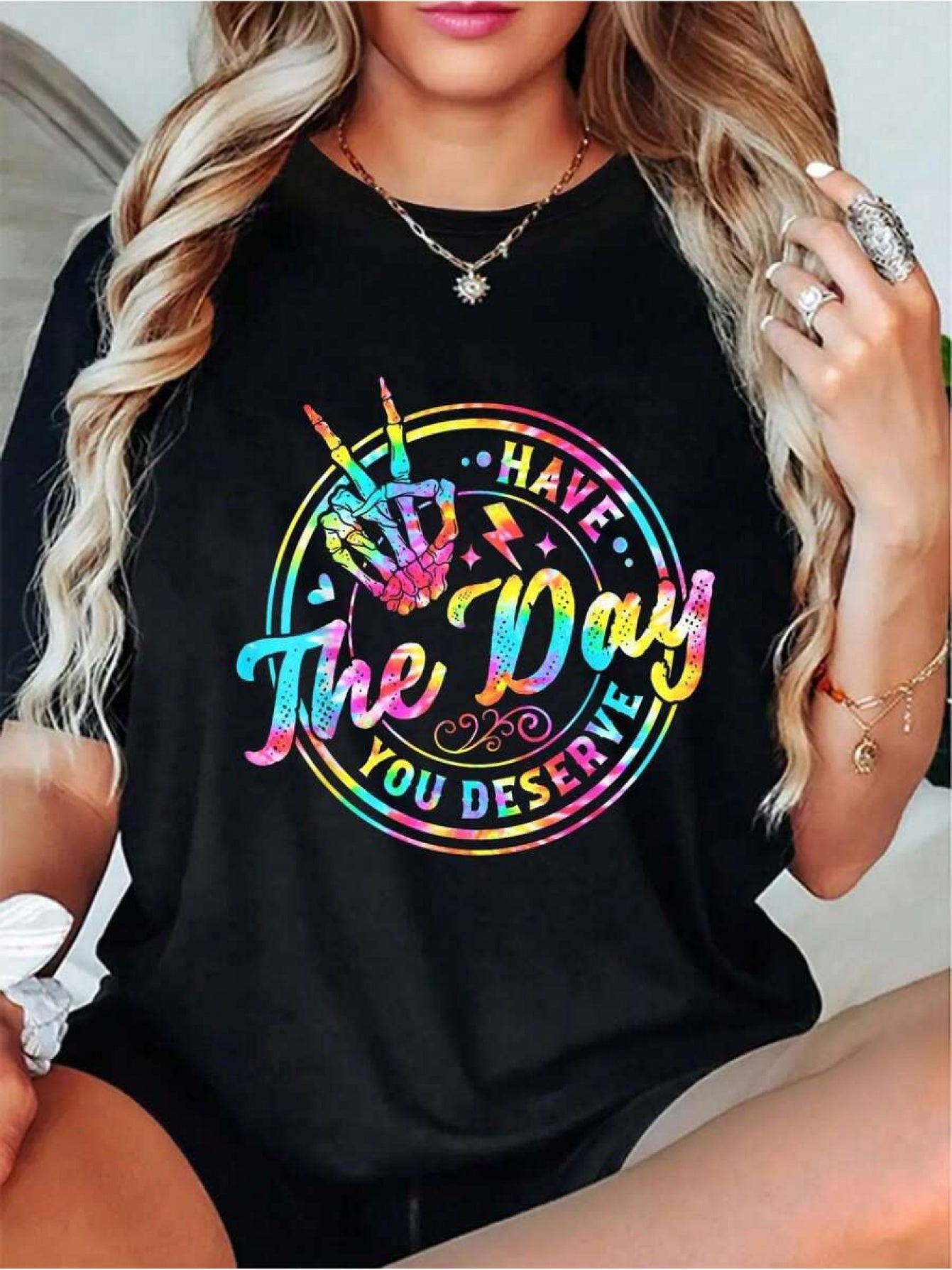 Have The Day You Deserve Skeleton Peace Hand Graphic T-Shirt, Rainbow Tie Dye Skeleton Hand Tee for Women