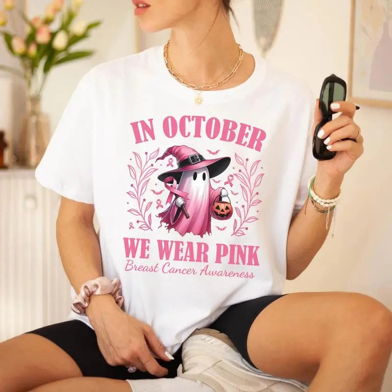 In October We Wear Pink Ghost Shirt, Halloween in October We Wear Pink