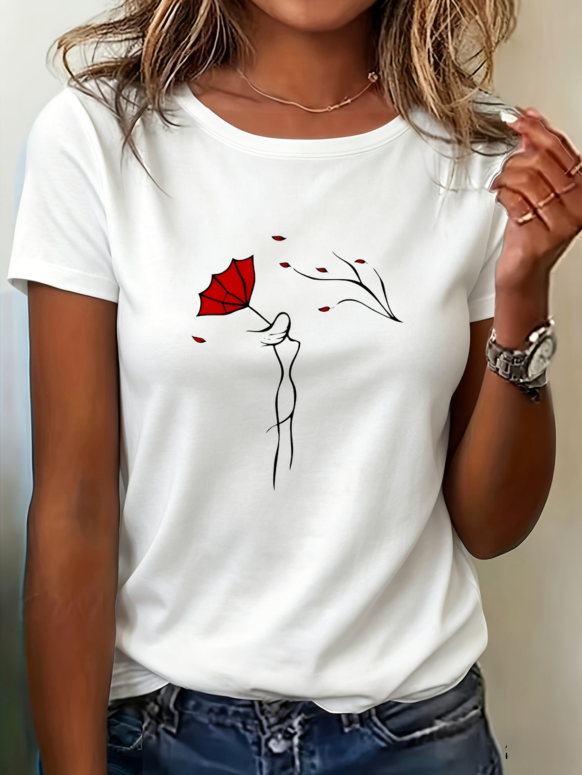 T-Shirt, Fashion Floral Print Pattern, Casual Korean Style, Round Neck Short Sleeve, Summer New Style