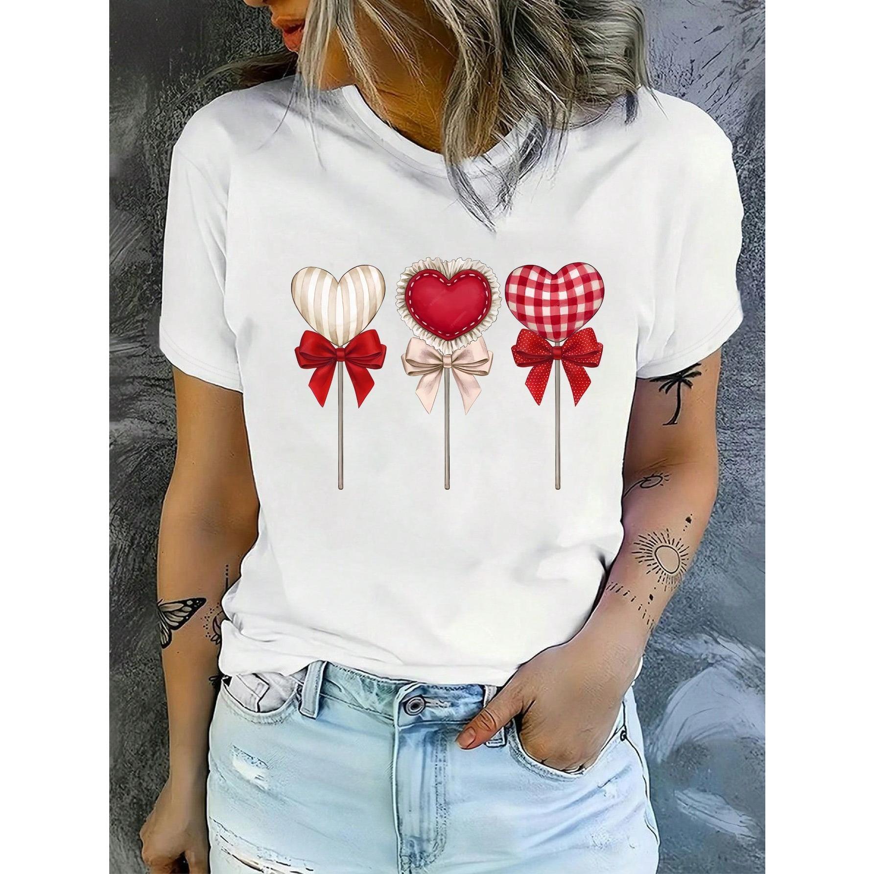 Women Casual T-Shirt, Comic Heart Pattern For Valentine's Day