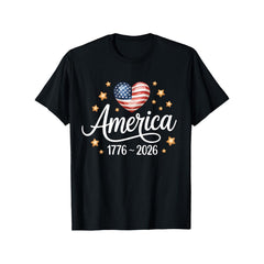 Men's Casual 1776-2026 Flag Heart T-Shirt, Loose Fit Cotton Knit Graphic Tee with Round Neck for July 4th 250th Birthday