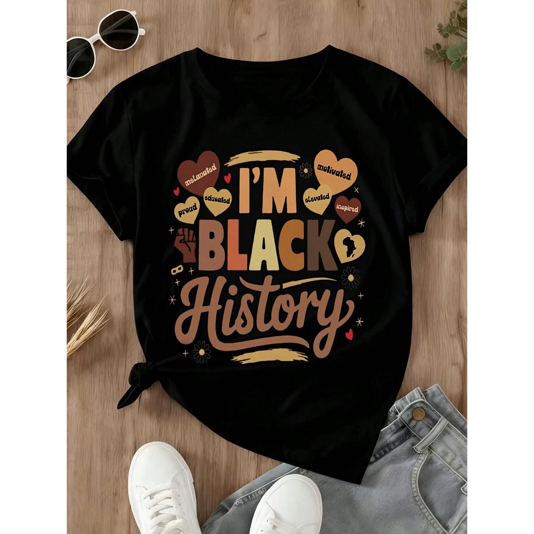 Women's Black History Long Sleeve Crew Neck T-Shirt - I'm Black History Graphic With Heart & Lightning Design, White Polyester Casual Top For Fall & Winter, Everyday Tshirt  Crew Neck Top  Polyester Fabric