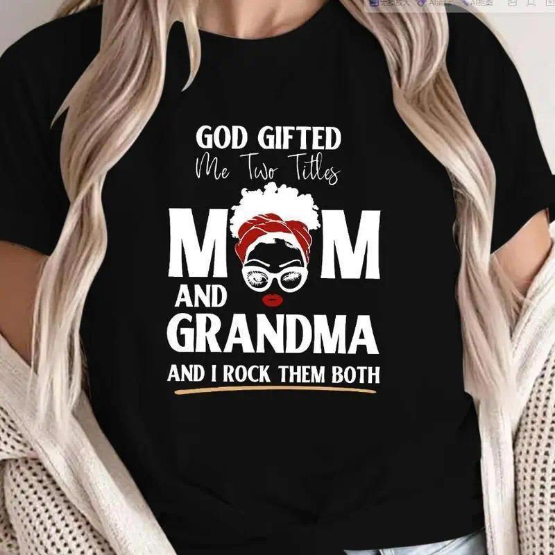 Women'S Casual Crew Neck T-Shirt with "God Gifted Me Two Titles Mom and Grandma" Letter Print, 100%25 Knit Fabric, Short Sleeve Top for All Seasons - 180gsm