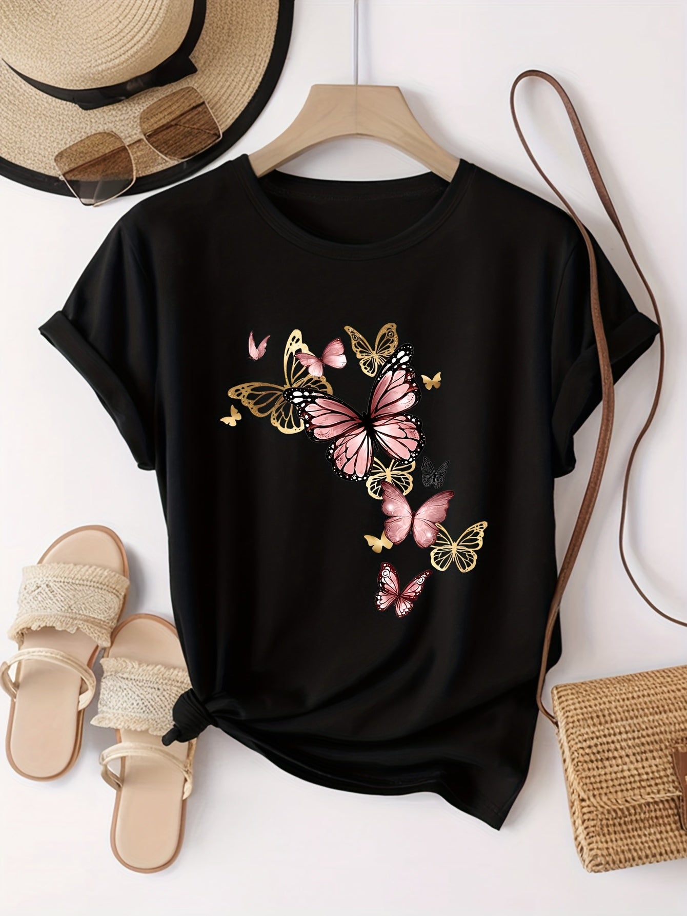 Watercolor Style Butterfly Pattern Print, Fashion Breathable T-Shirt, Family Travel, Campus, Casual, Daily Commute, Sisters' Matching Outfit, Versatile T-Shirt