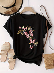 Watercolor Style Butterfly Pattern Print, Fashion Breathable T-Shirt, Family Travel, Campus, Casual, Daily Commute, Sisters' Matching Outfit, Versatile T-Shirt