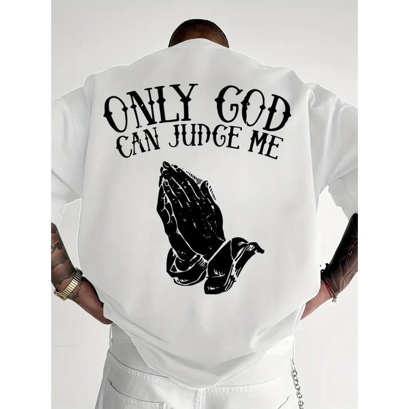 "Only God Can Judge Me" Graphic T-Shirt - Casual Crew Neck,Loose Fit, Short Sleeve Top, Polyester, Beige with Praying Hands Design,Cotton Fabric