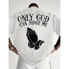 "Only God Can Judge Me" Graphic T-Shirt - Casual Crew Neck,Loose Fit, Short Sleeve Top, Polyester, Beige with Praying Hands Design,Cotton Fabric