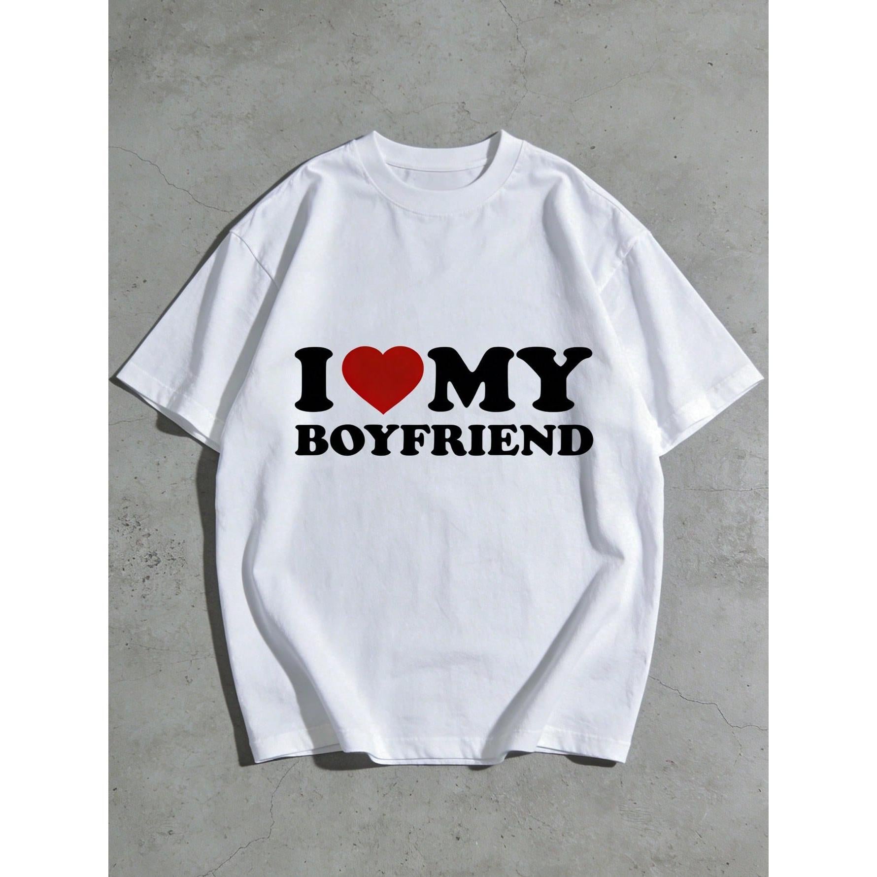 "I Love My Boyfriend" Men's T-Shirt - Valentine's Day Gift, 100% Cotton, Casual Crew Neck Short Sleeve T-Shirt, Black Background With White Text And Red Heart Design, Sizes S-5XL, Valentine's Day T-Shirt