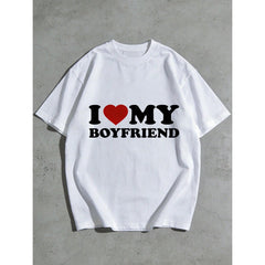 "I Love My Boyfriend" Men's T-Shirt - Valentine's Day Gift, 100% Cotton, Casual Crew Neck Short Sleeve T-Shirt, Black Background With White Text And Red Heart Design, Sizes S-5XL, Valentine's Day T-Shirt