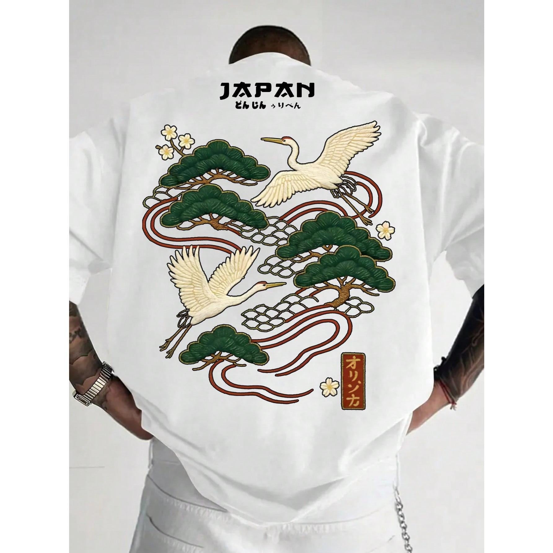 Men's Casual Versatile Simple Japanese Crane Print Short Sleeve T-Shirt