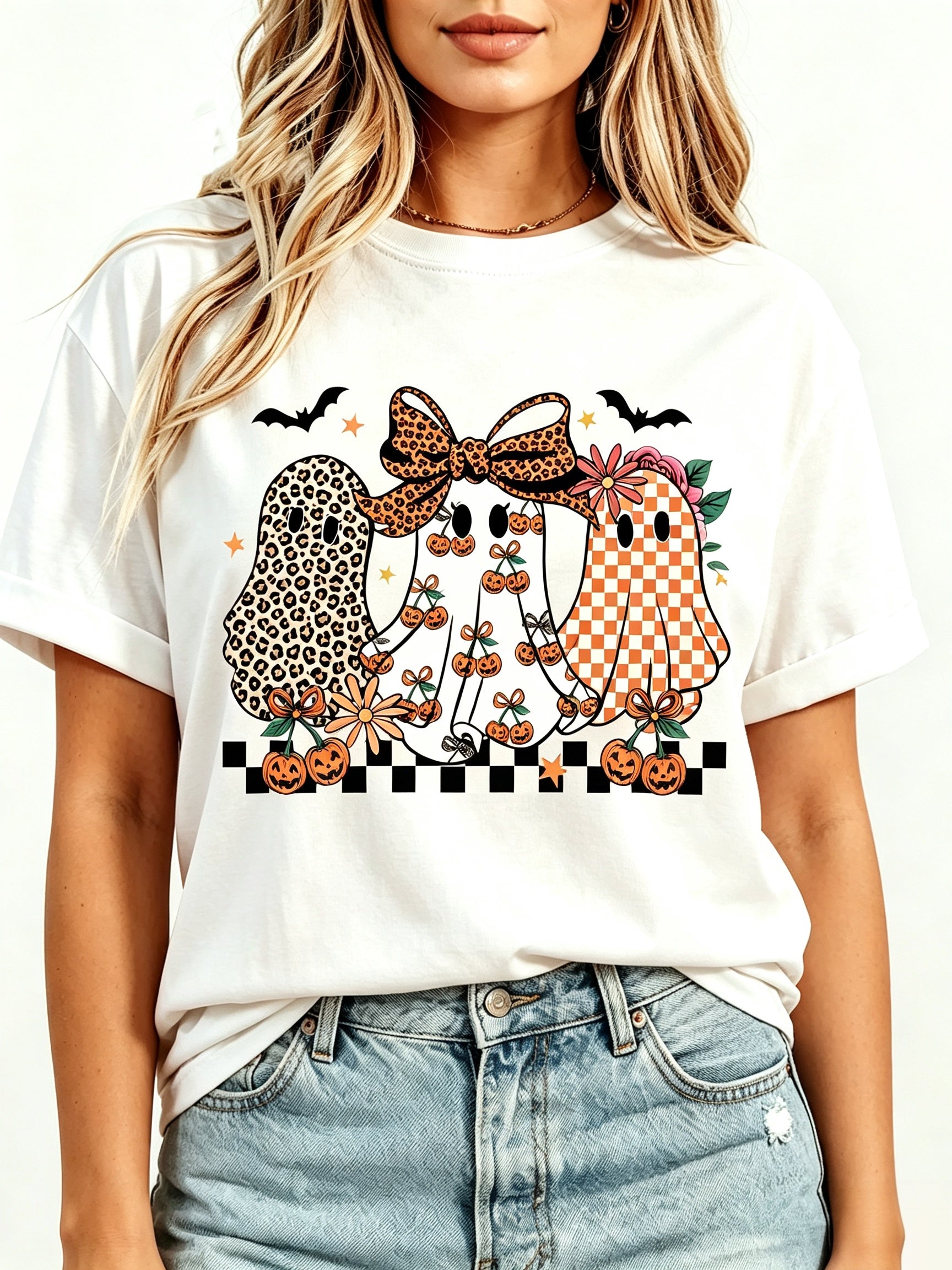 Coquette Retro Leopard Checkered Ghost Halloween Spooky Season T-Shirt