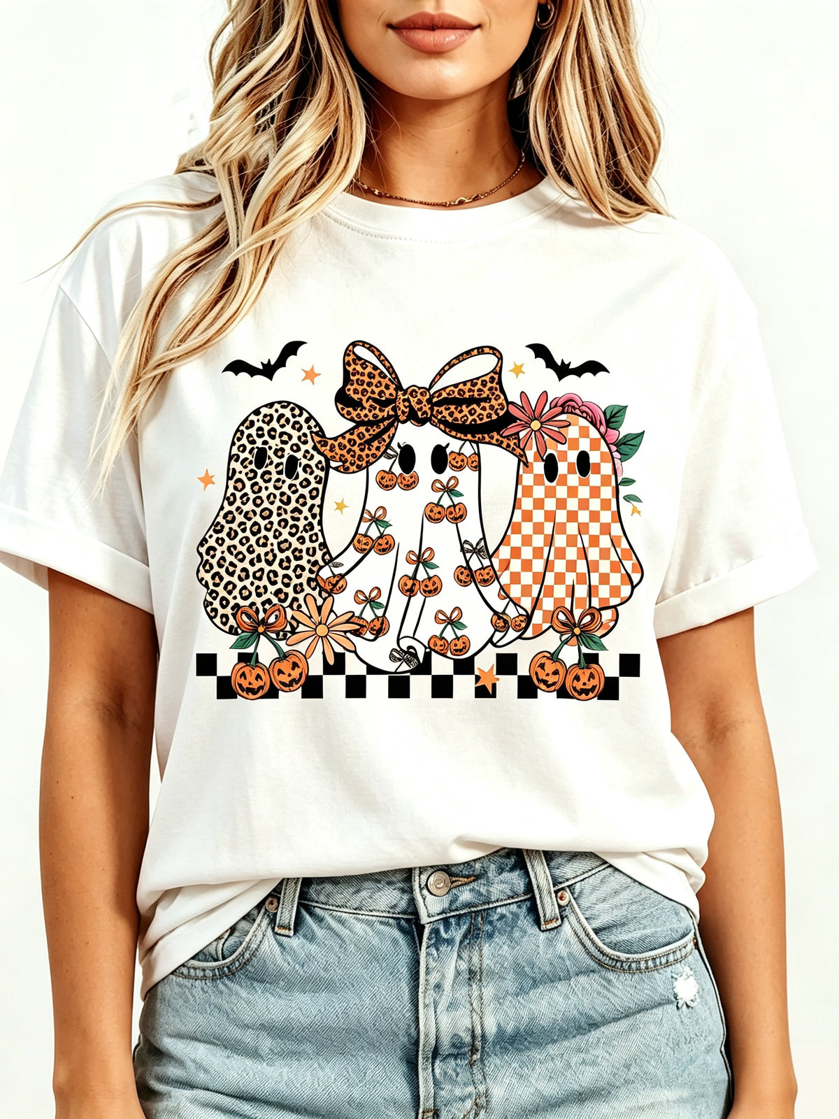 Coquette Retro Leopard Checkered Ghost Halloween Spooky Season T-Shirt