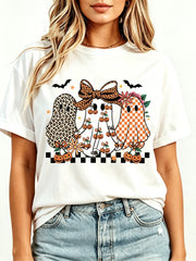 Coquette Retro Leopard Checkered Ghost Halloween Spooky Season T-Shirt